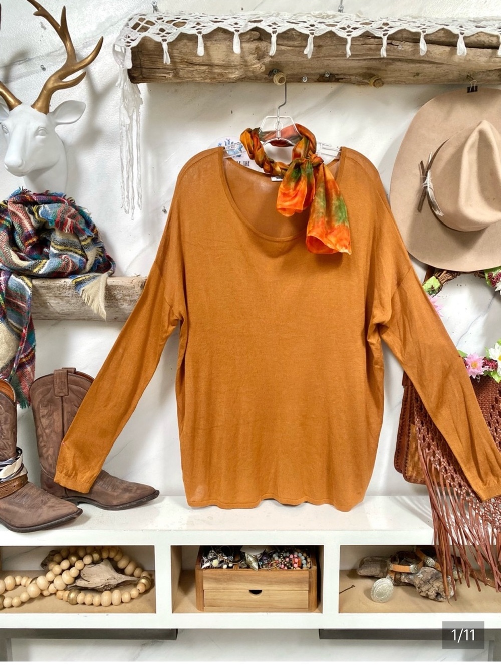 Fall rustic Copper knit boho sweater shabby chic cottagecore prairie vibe - Picture 2 of 11